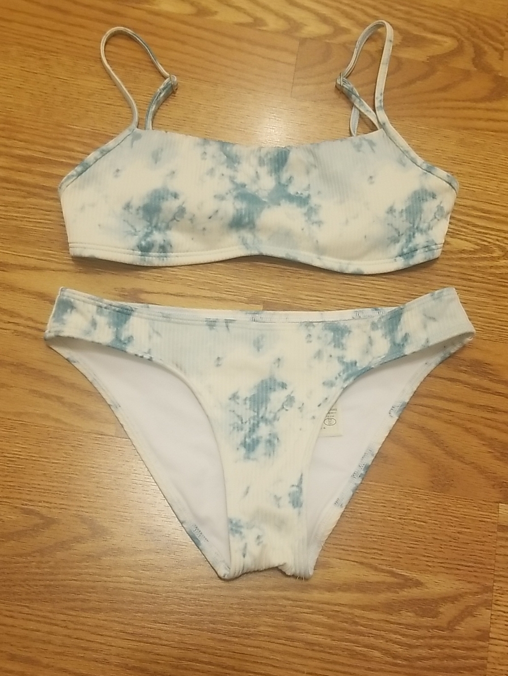 Hollister White and Light Blue Tie-Dye Ribbed Bikini Set